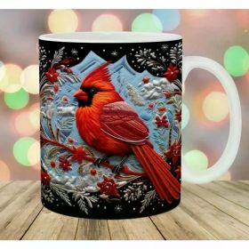 3D Embroidered Red Cardinal Ceramic Mug Wrap - 11oz & 15oz, Festive Holiday Design with Snowflakes & Berries,